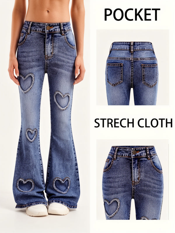 Women's Stretchy Personalized Ripped Heart-Decorated Flared Pants.