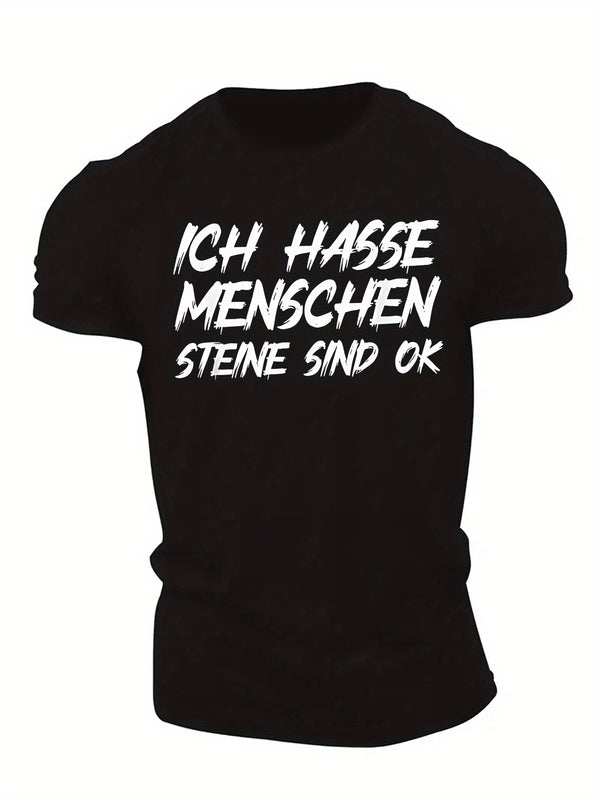 Men's Black "Ich Hasse Menschen Steine Sind Ok" Graphic T-Shirt.