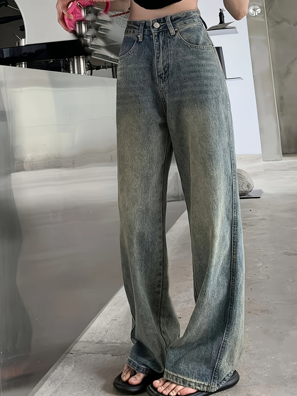 Loose Vintage Color Jeans High Waist Straight Leg Floor-Length Pants for Women.