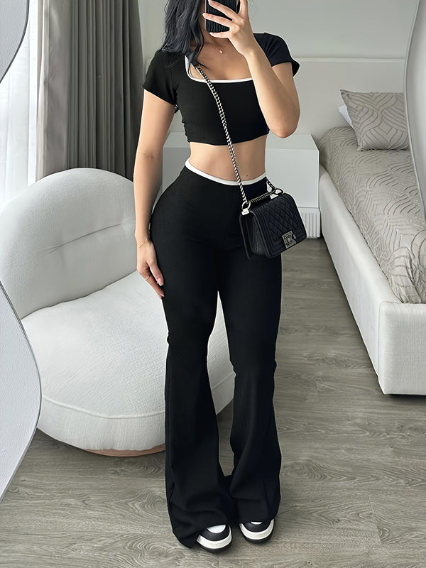 Women’s Casual Sports Square Neck Short Sleeve Crop Top And Flared Pants.