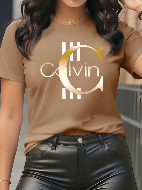 Women's Short-Sleeve Round-Neck T-Shirt with A-Z Letter Print.
