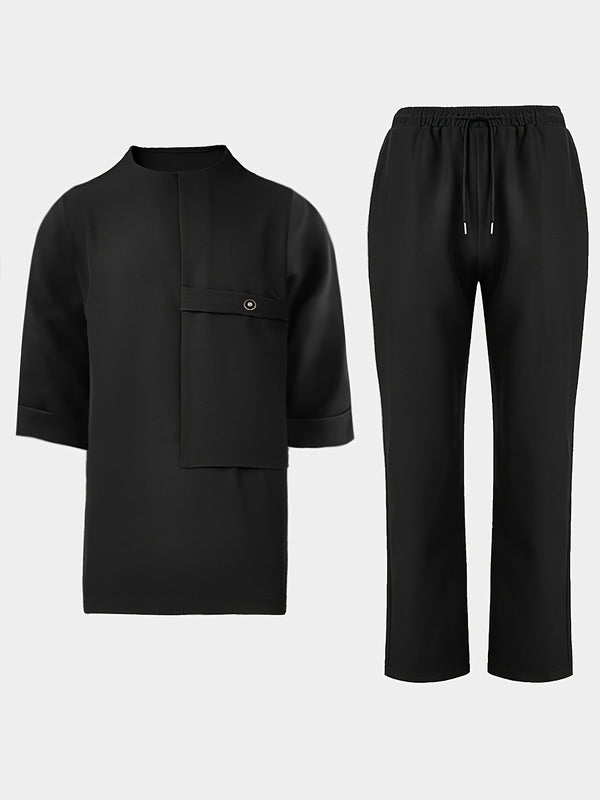 Men'S Suit, Short-Sleeved Top, Round Neck, Fake Pocket Design.