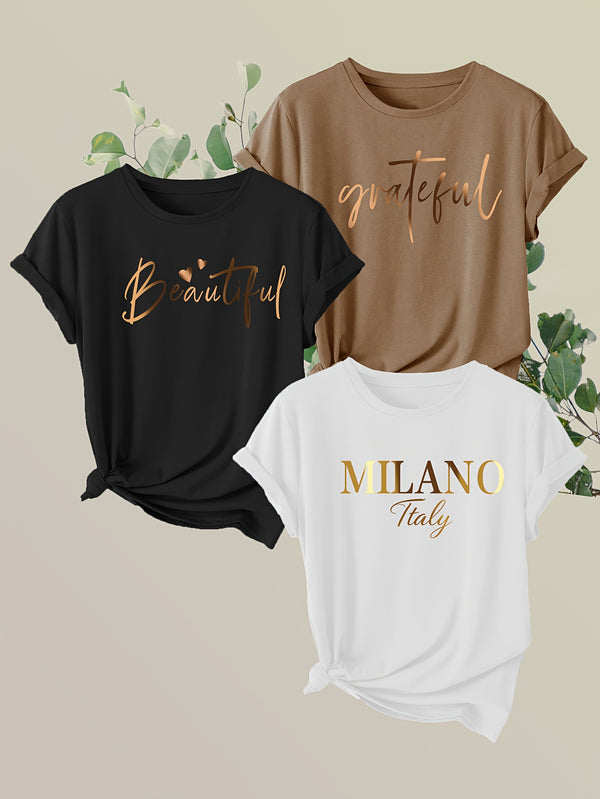 3pcs Women'S Short Sleeve T-Shirts with Inspirational Letter Print.