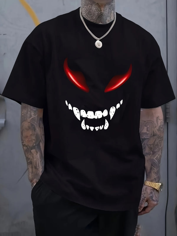 Men's Black T-Shirt with Red Devil Face Graphic.