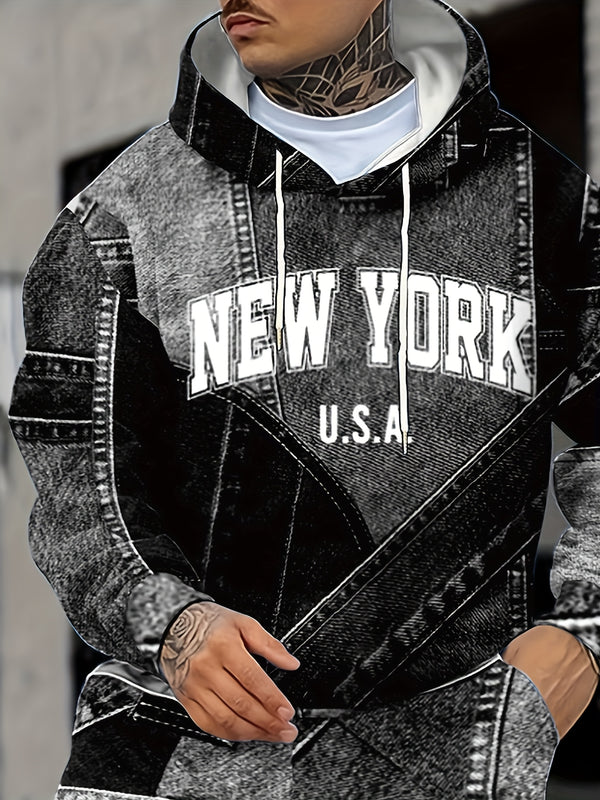 Men's Autumn Lettered Faux Denim Effect Hoodie And Sweatpants Two-Piece.