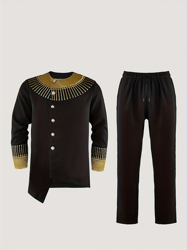 Men's Elegant 2pcs Shirt Set, Embroidered, Round Neck.