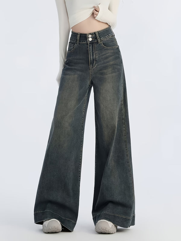 Double Button Jeans - Women's Low-Rise Wide Leg Denim.