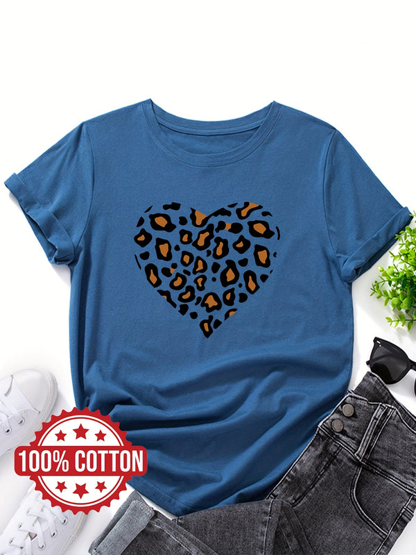 Women's "Leopard-print Heart" Graphic Print T-Shirt.