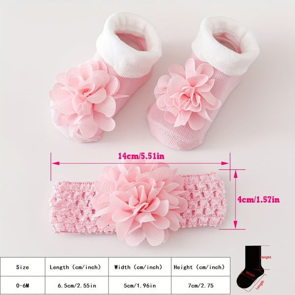 A Set of 1 Pair of Baby Flower Socks Along with a Baby Mesh Headband.