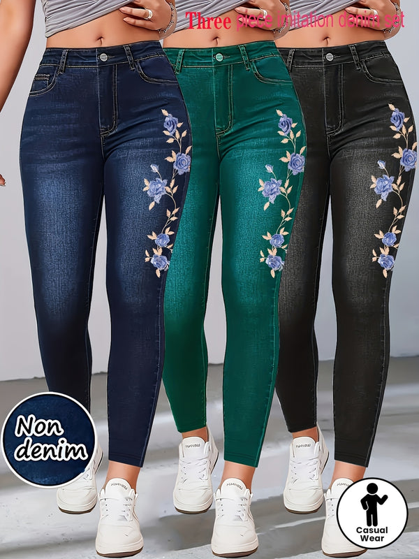 Women’s New Three-Piece Set Featuring Faux Denim-Style Prints.