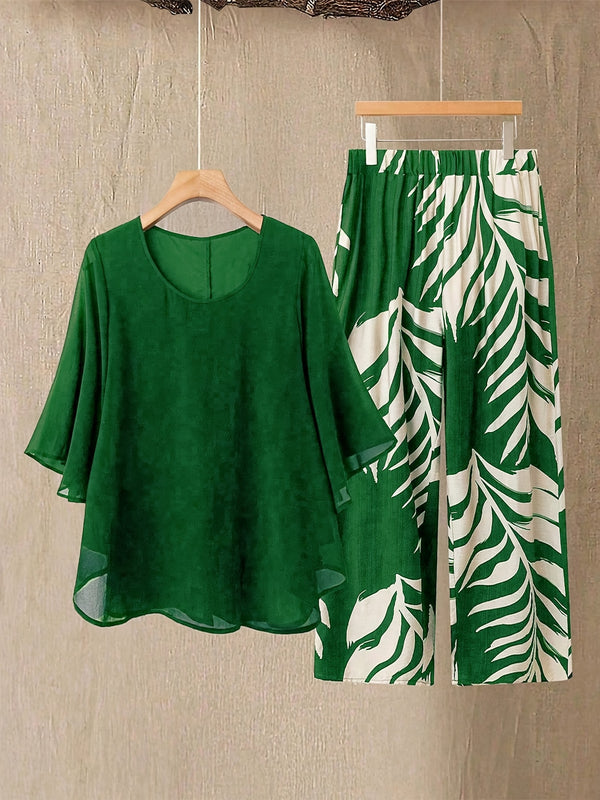 Women's Fashion New Arrival Hot Item Round Neck Chiffon Top with Leaf Print.