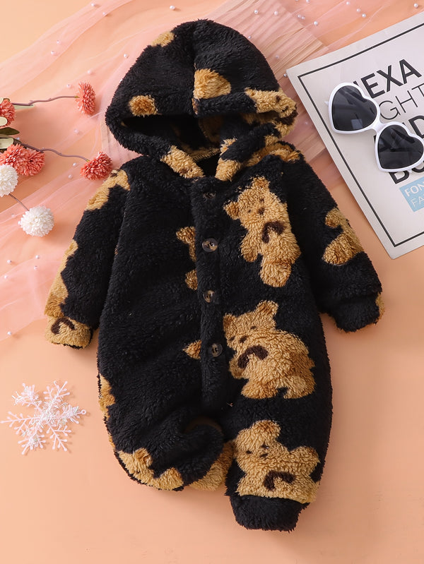 2pcs Boys Winter Warm Plush Hooded Jumpsuit & Snowsuit Set.