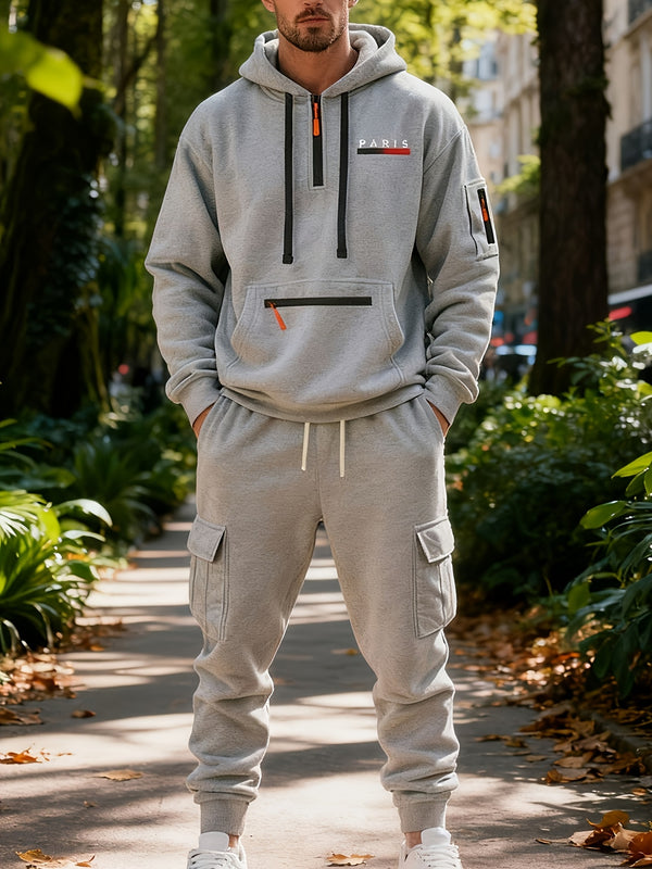 Men's Halloween Paris Letter Print Hoodie & Drawstring Cargo Jogger.