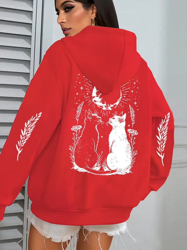 Cat Print Casual Zip-up Hoodie with Pockets.