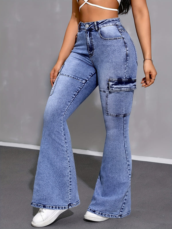 Women’s Stylish Versatile Blue High-Waisted Stretch Slim-Fit Flared Jeans.