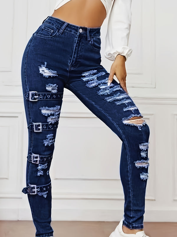 Women's Stretchy Fashionable Versatile Snap Button Ripped Skinny Ankle Jeans.