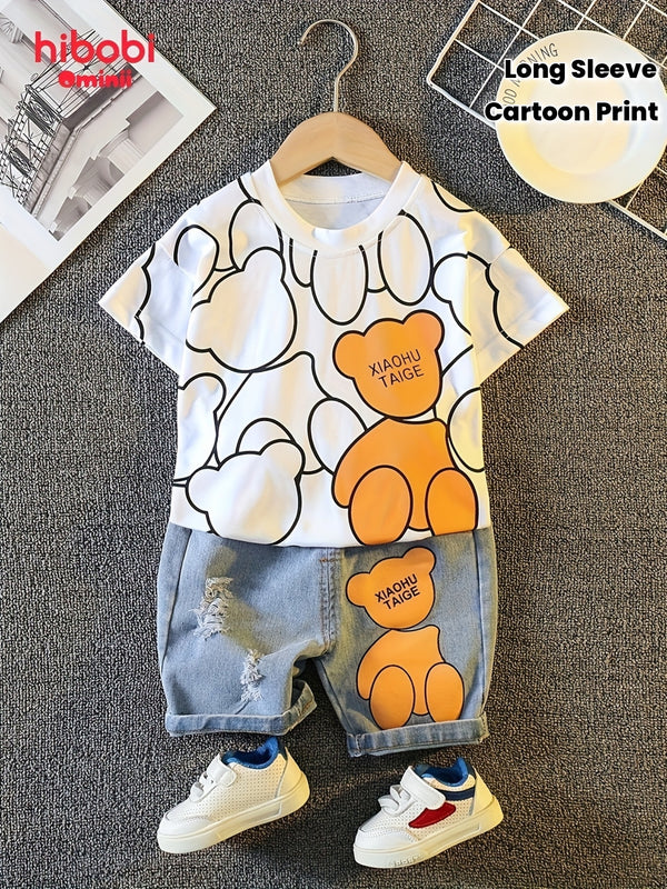 hibobi Cartoon print long sleeve t-shirt with denim shorts, Perfect for Outdoor.