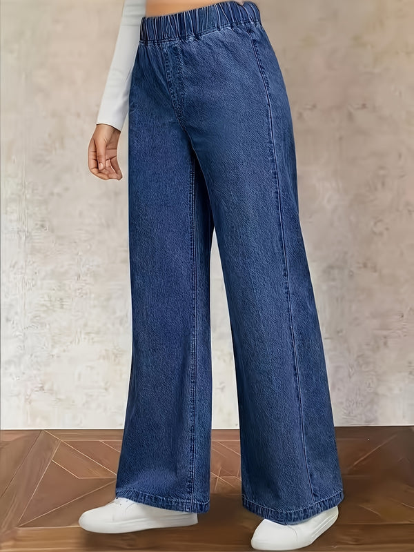 Women's Washed Casual High-Waisted Elastic Waistband Blue Jeans.