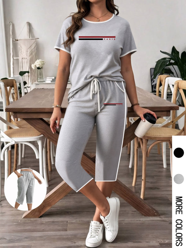 Women's Set PARIS Letter Print White Banded Crew Neck Short Sleeve T-Shirt.