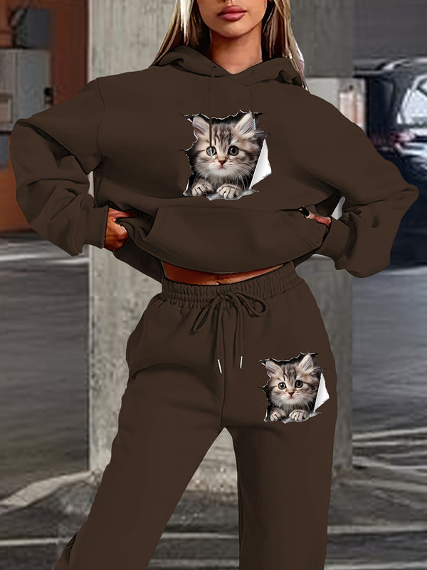 Women's Polyester Hooded Tracksuit with Cat Print.