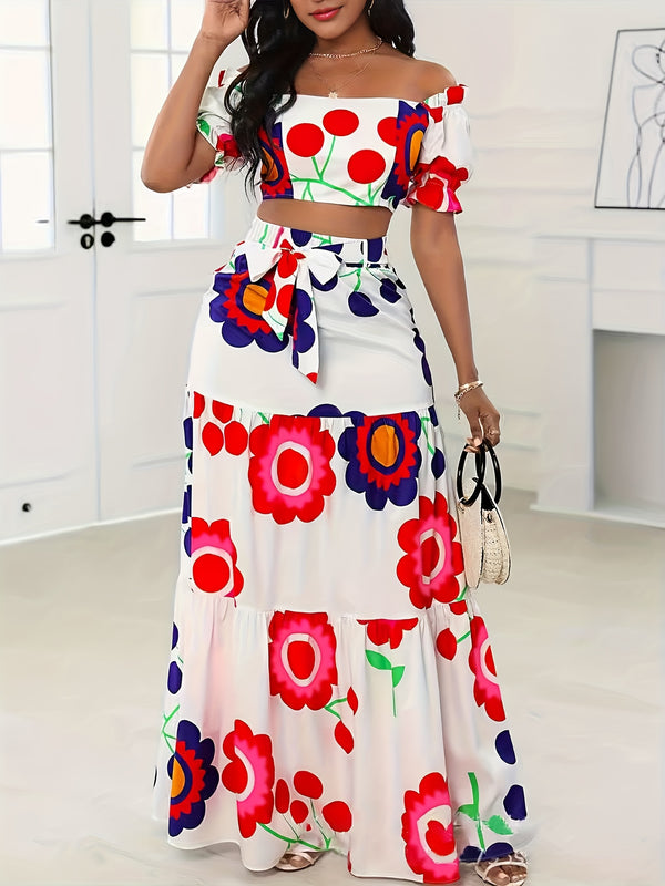 Women’s European And American Style Floral Print Skirt Set.