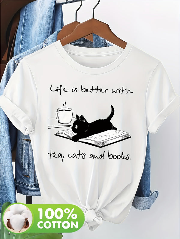 Women’s Casual Short Sleeve T-Shirt with Whimsical Cat & Book Art Print.