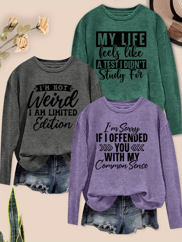 3pcs Fashion Round Neck Elegant Women's Long Sleeve T-Shirts.