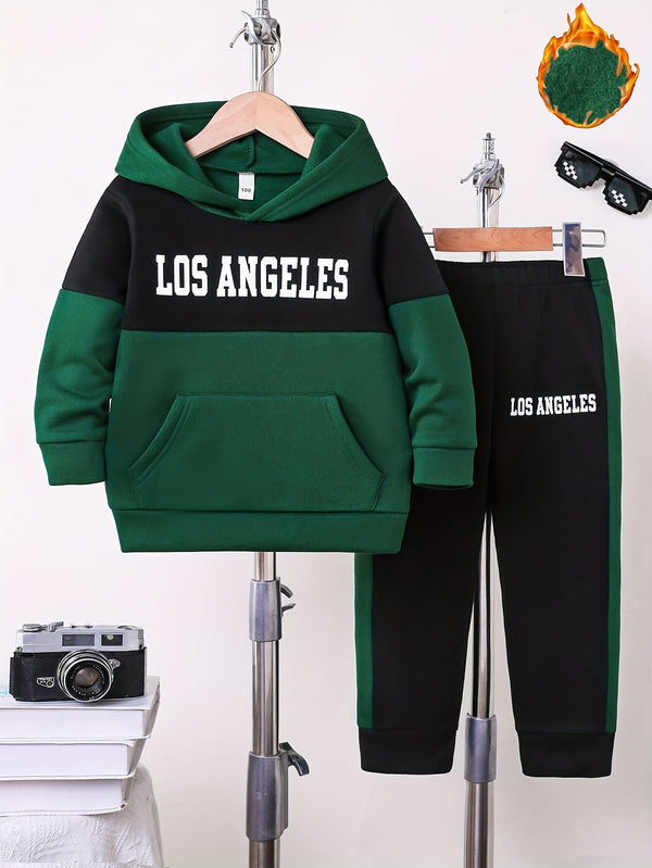 2pcs Boys Autumn/Winter Fleece-Lined Hooded Sweatshirt and Pants Set.