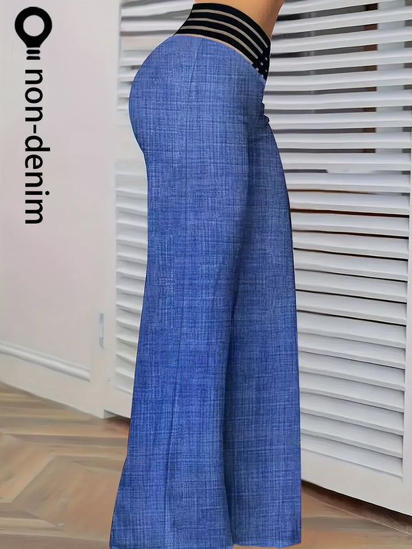 Women's Wide-Leg Long Pants with a Faux Denim Print.
