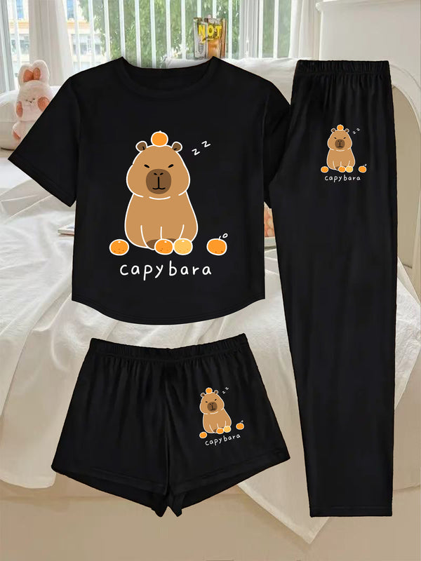 A Three-Piece Women's Loungewear Set, Featuring a Printed Design.