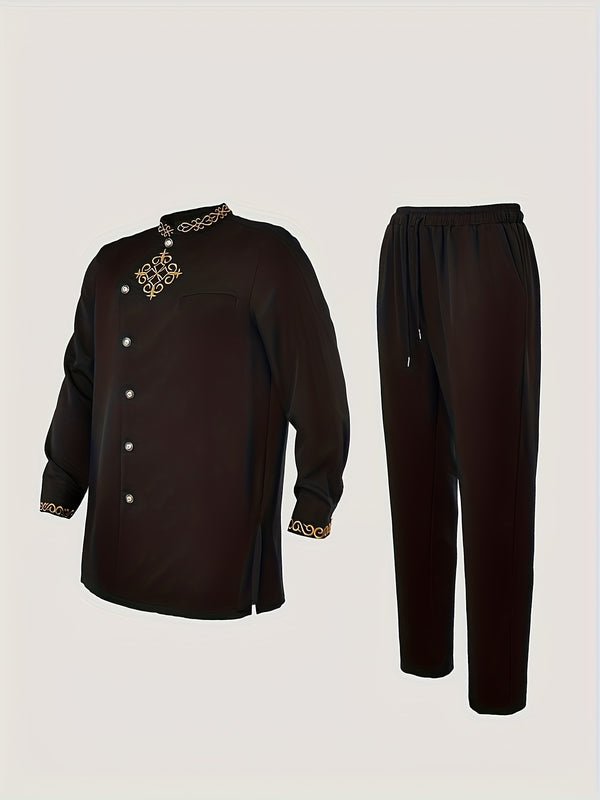Men's 2pcs Suit Set, Embroidered, Stand Collar, Long Sleeve.