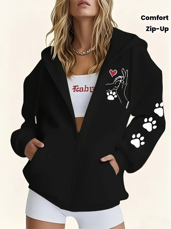 Women's Casual Zip-Up Hoodie with Printed Bear Paw Sleeve Design.