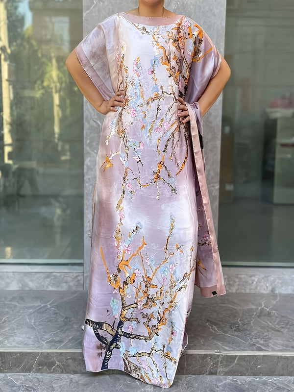 Women’s Floral Pattern Longline Dress, Elegant Short Sleeve Crew Neck Dress.