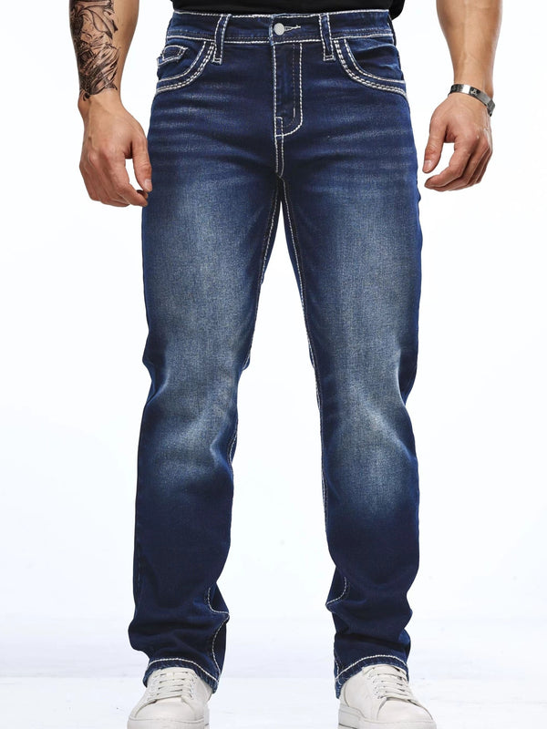 Men's Vintage-Inspired Slim Fit Embroidered Stretch Jeans.