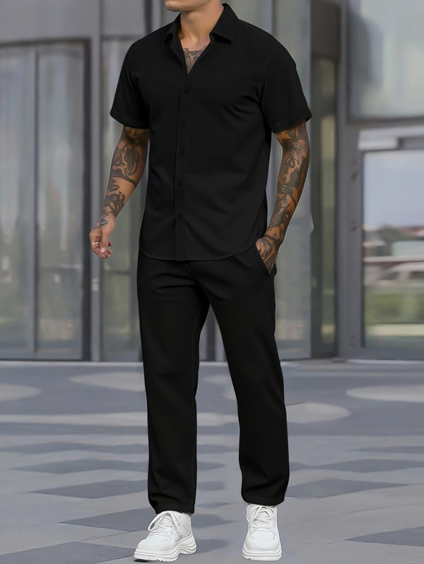 2pcs Men's Casual Short-sleeve Lapel Shirt and Trousers Set.