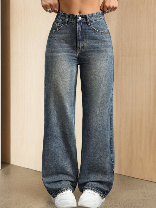 Women's Washed Denim High-Waist Straight-Leg Loose-Fit Casual Pants.