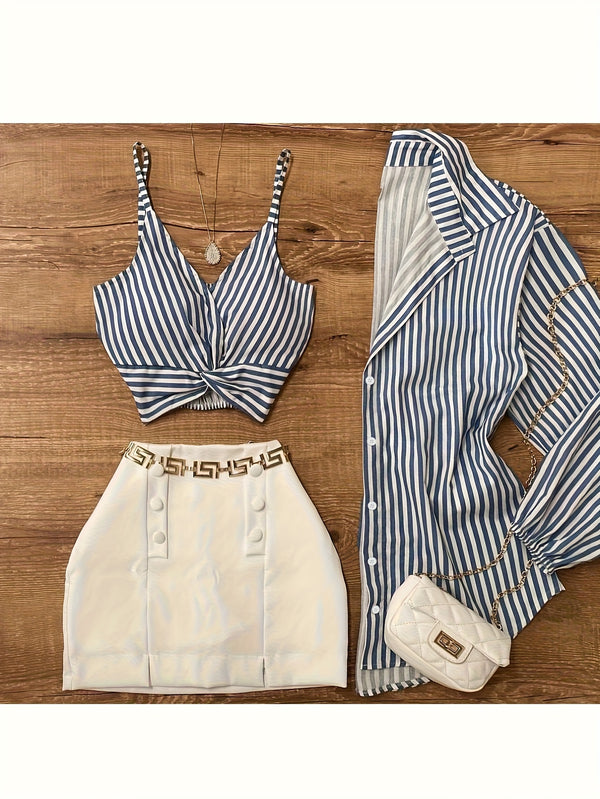 Blue Striped Top and Shirt Set ZLLZ.