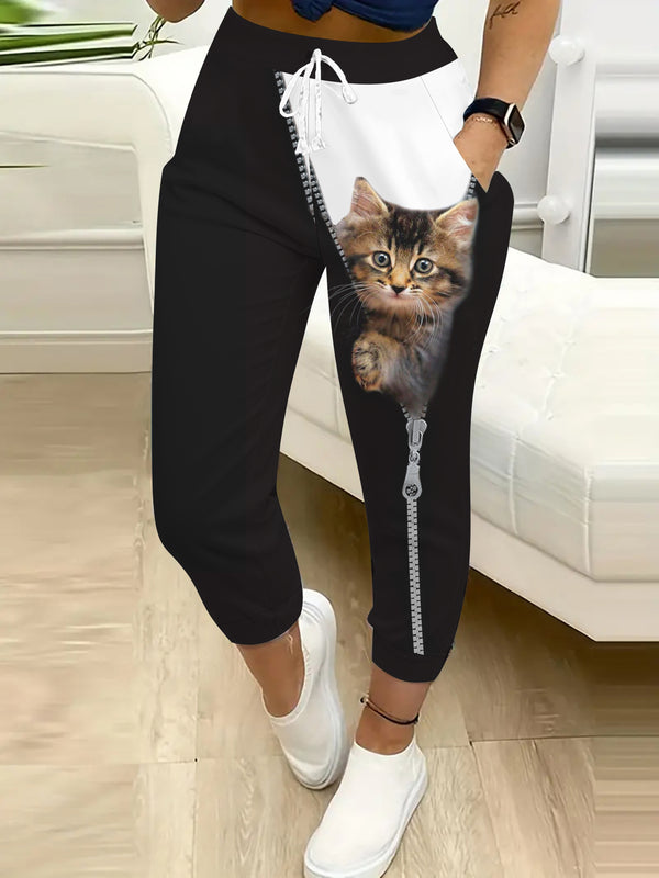 Women's Casual 3D Pocket Cat Print Drawstring Pocket Pants.