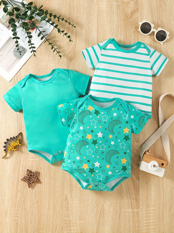Baby 3pcs Printed Short Sleeve Triangle Bodysuit Cute Crawling Suit.