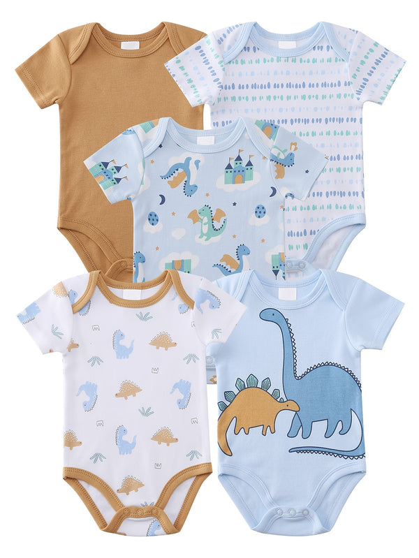 5pcs Baby Boy Bodysuit Set - Soft And Comfortable Short Sleeve Set.