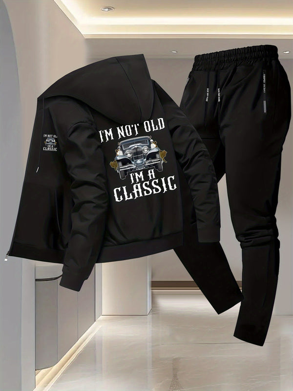 Men's Vintage Car Print 2pcs Suit Set - Slim-Fit Hooded Jacket & Pants.