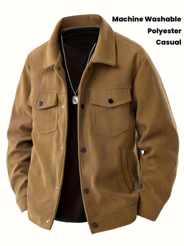 Men's Corduroy Cargo Jacket with Multiple Pockets - Polyester Casual Workwear.