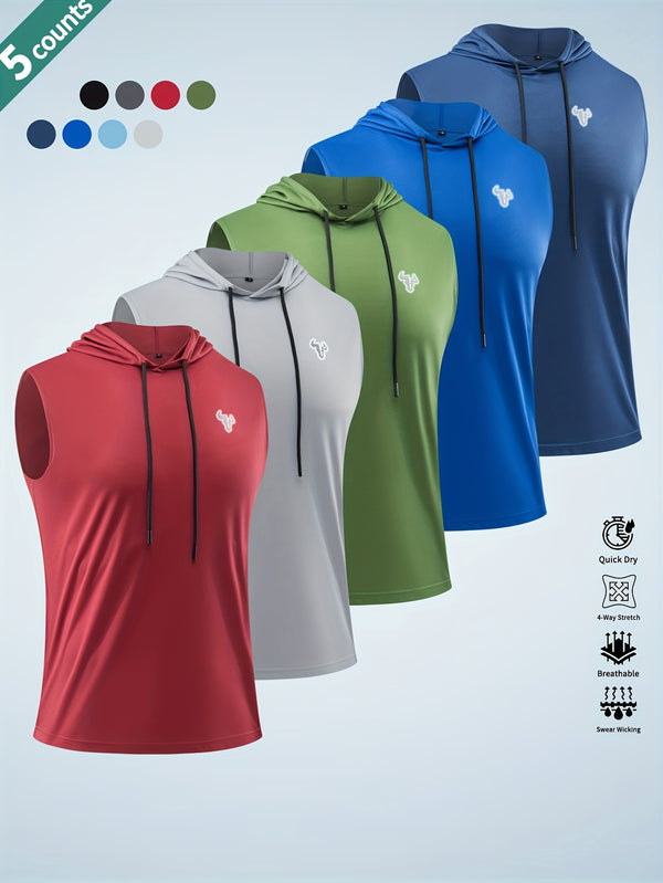 5pcs Solid Color Breathable Men's Sleeveless Hooded Tank Tops.