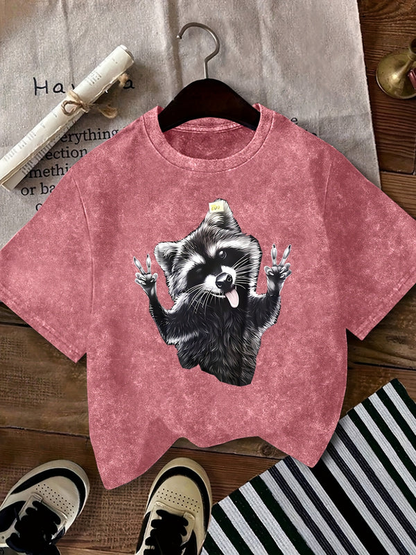 Women’s Vintage Raccoon Face Graphic T-Shirt.