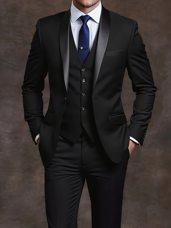 Men's 3pcs Suit with Notch Lapel, Business Formal Set, Includes Jacket.