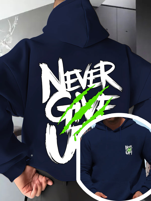 Men's Red Hoodie with "Never Give Up" Print.