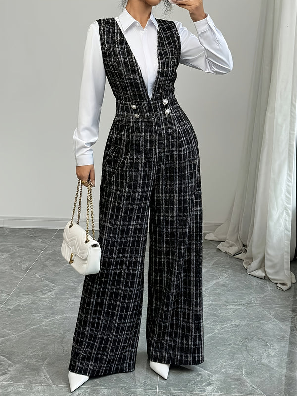 Women's Pearl Button Decorated Pocket Wide Leg Jumpsuit.