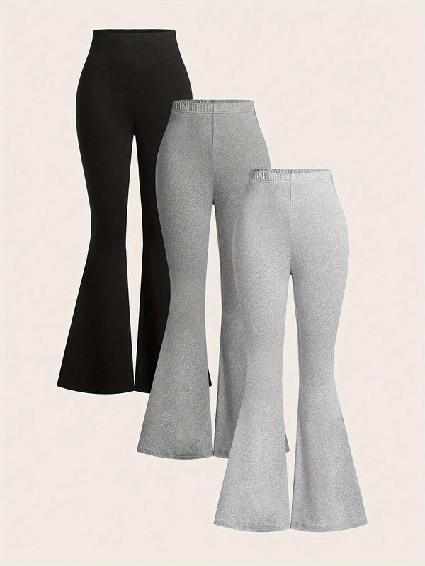 A Three-Piece Women's Solid Color High-Waisted Fitted Flared Pants Set.