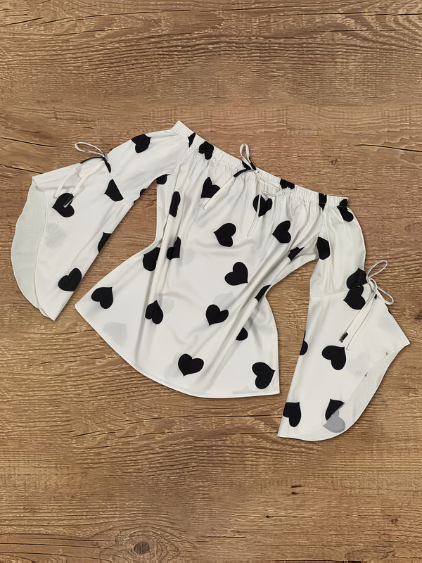 Women’s Featuring a Heart Print Off-Shoulder Top with Flared Sleeves And a Fitted Short.