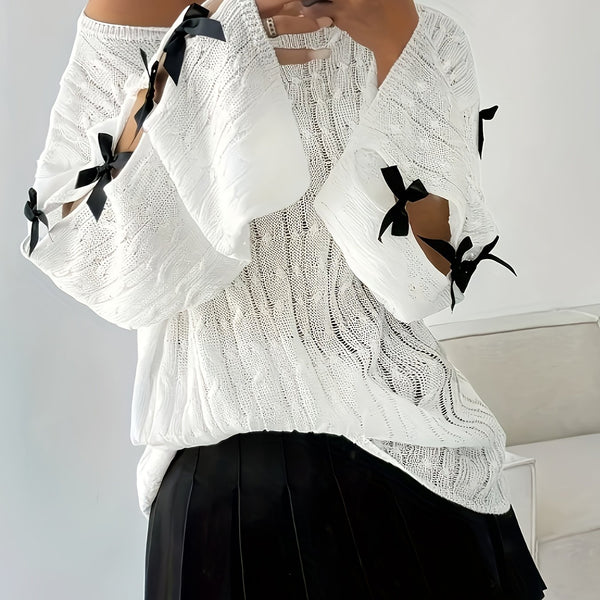 Women's Sexy Off-Shoulder Top with Long Sleeves & Butterfly Bow Accents.